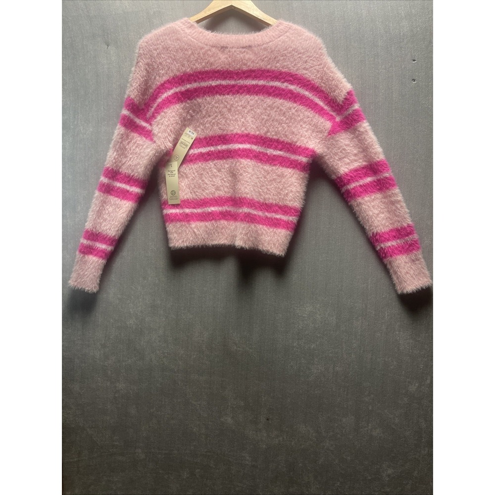 No Boundaries Fuzzy Pink Striped Pullover Sweater Women Long Sleeve Size Medium
